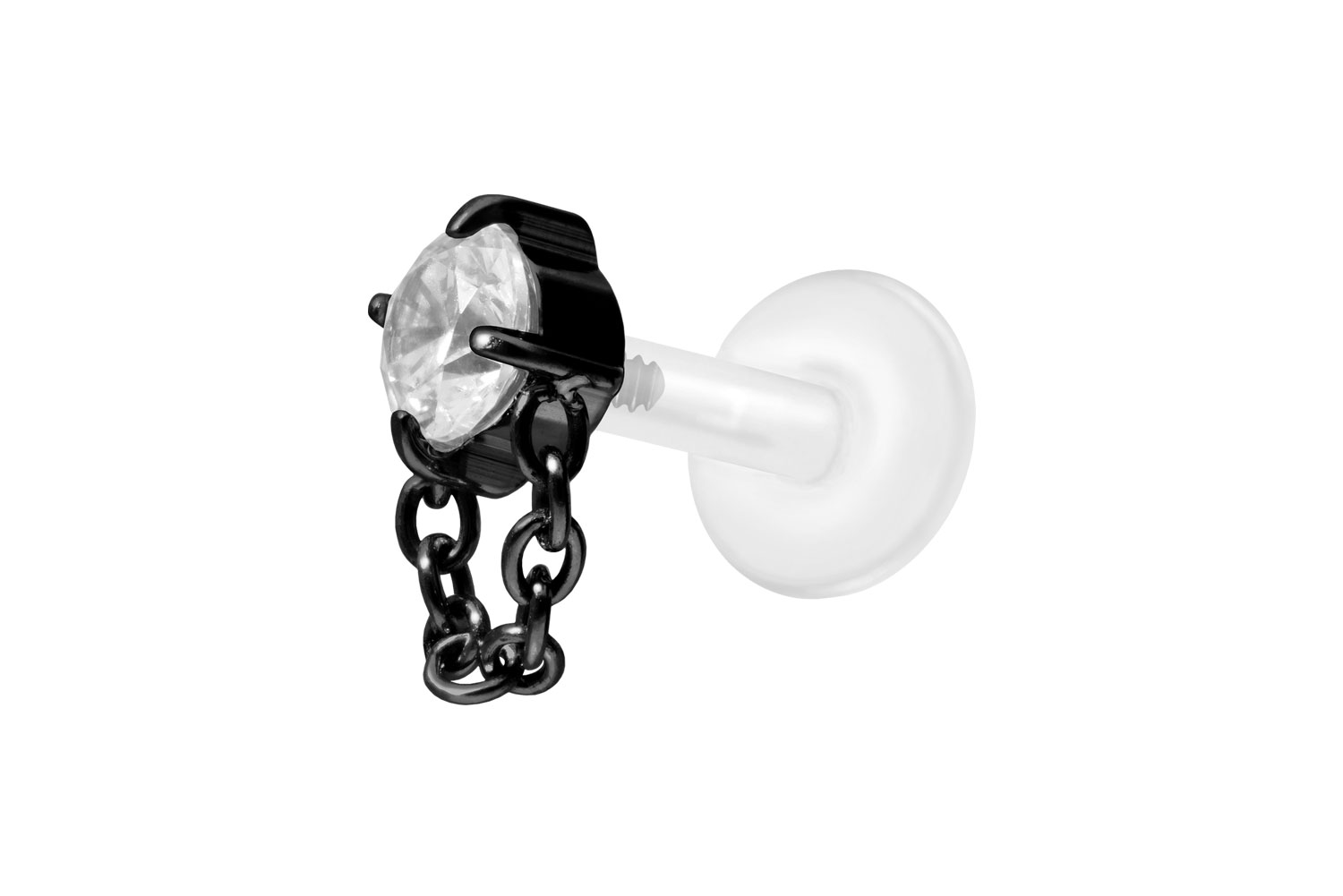 PTFE Labret Piercing mit Innengewinde + Titan-Aufsatz KRISTALL + KETTE